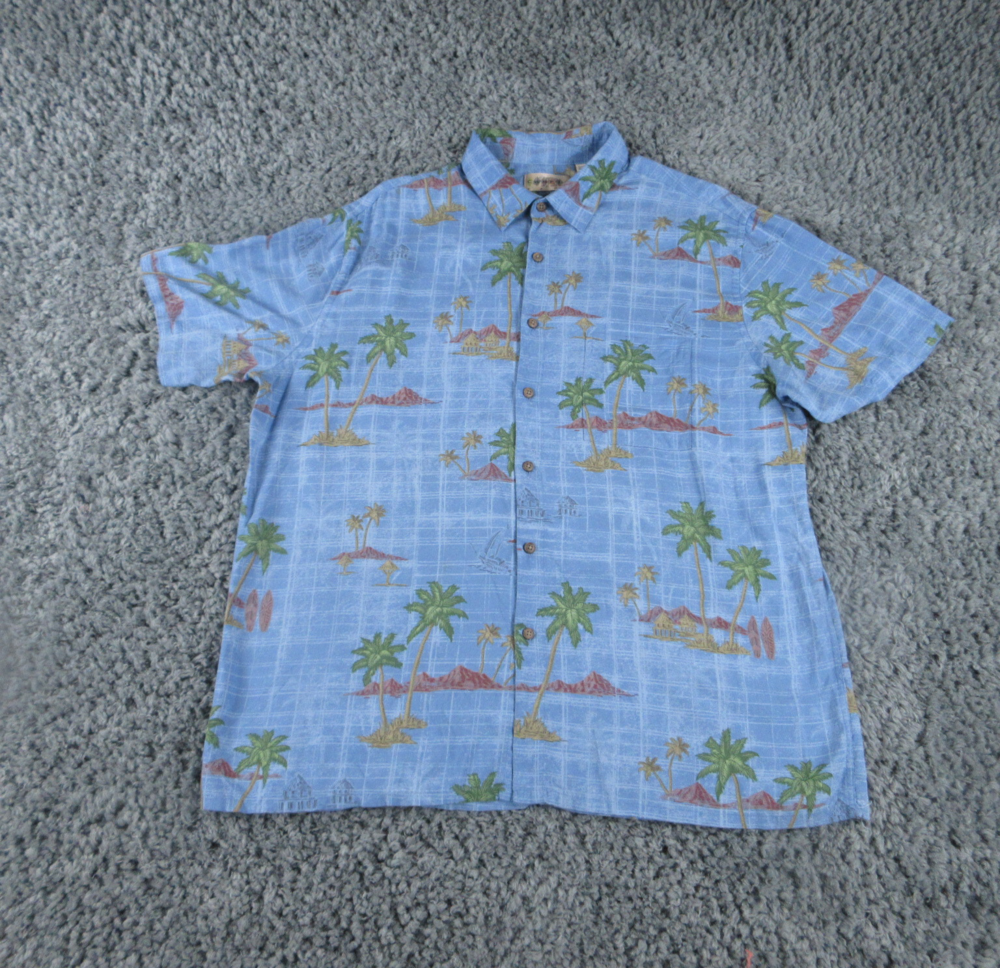 Campia Shirt Mens Extra Large Blue Island Print Palm Tree Hawaiian Button Up